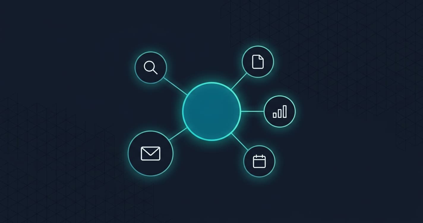 AI agent network diagram — central node connected to business task icons