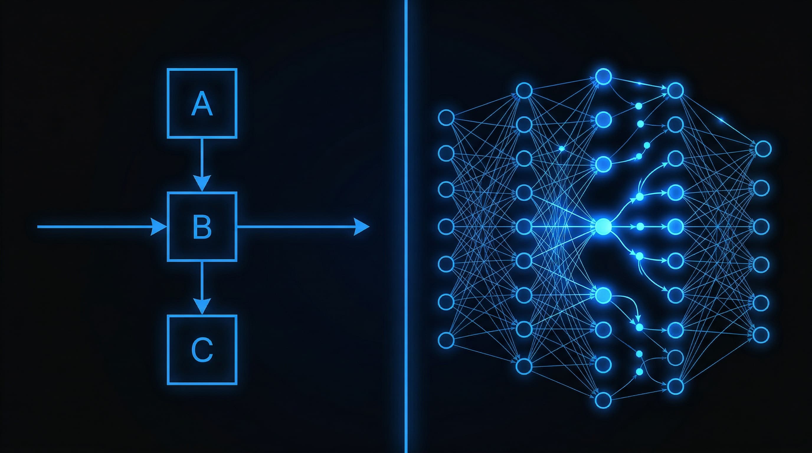 Split comparison — simple linear flowchart on the left, complex AI agent neural network on the right