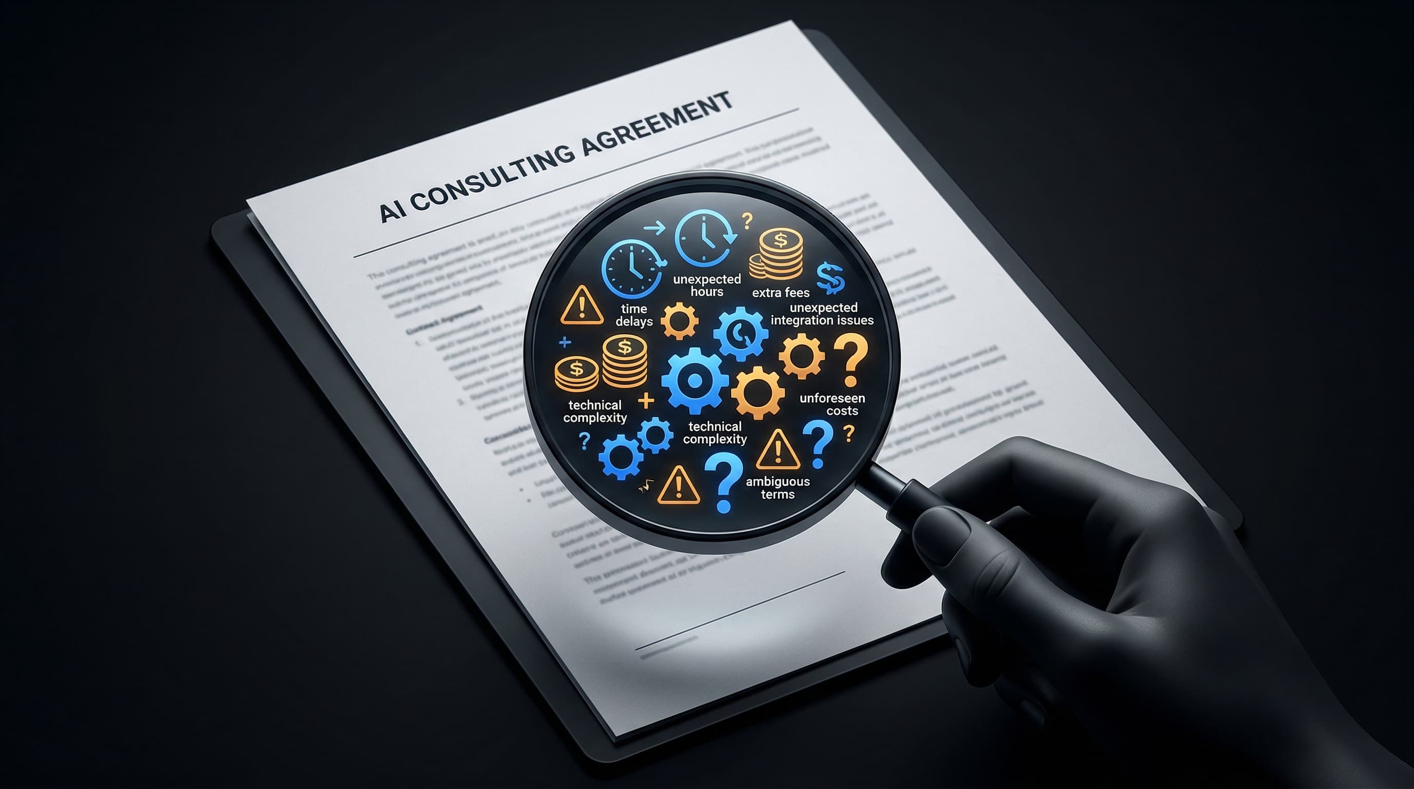 Magnifying glass revealing hidden costs inside an AI consulting agreement — time delays, extra fees, complexity