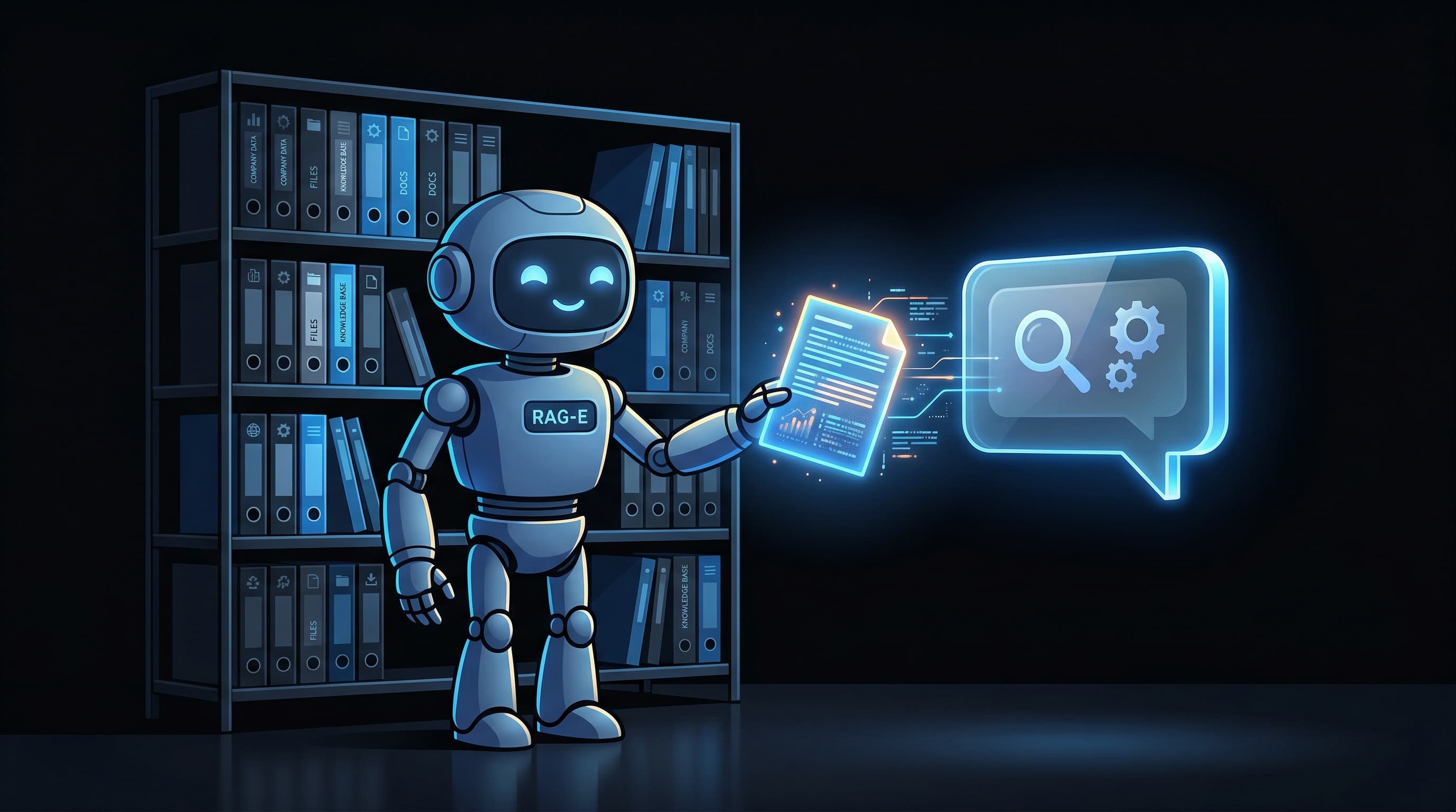 Friendly robot librarian handing a glowing document to a chat bubble — RAG retrieval concept